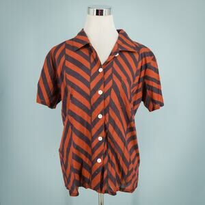 Nikki Chasin Size Small S Homer Brown Chevron Stripe Collared Button Cotton Top